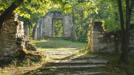 Poster - Serene Pathway Through Ancient Ruins Amidst Lush Greenery and Sunlight Filtering Through Trees