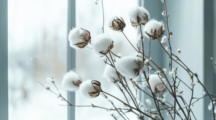 Poster - Delicate cotton flower bouquet in rustic twigs against a softly lit window background creating a serene indoor atmosphere.