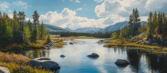 Fototapete - Serene landscape of a tranquil river flowing through a lush national park surrounded by mountains and verdant trees under a blue sky.