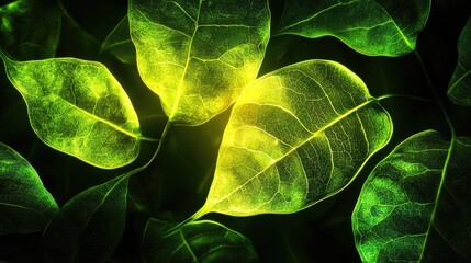 Poster - Translucent vine leaves illuminated from behind showcasing natural textures and vibrant colors in a serene green background atmosphere