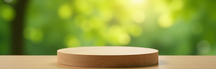 Poster - Simple Wooden Podium Against Blurred Nature Background Ideal For Product Presentation With A Touch Of Elegance And Sophistication. 00003