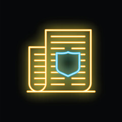 Poster - Glowing neon icon of documents with shield, representing the concept of data protection