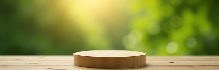 Poster - Simple Wooden Podium Against Blurred Nature Background Ideal For Product Presentation With A Touch Of Elegance And Sophistication. 00001