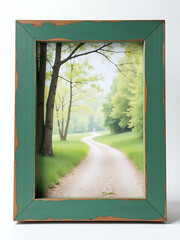 Aufkleber - Simple Wooden Picture Frame With A Rustic Green Finish And A Winding Path In The Background, Set Against A Clean White Backdrop. 00003