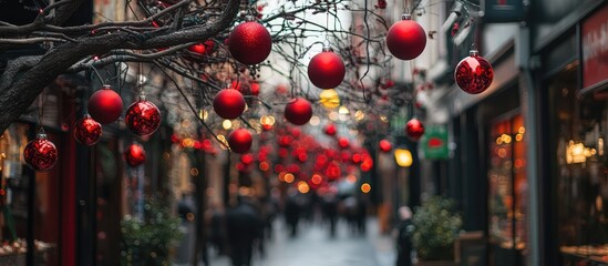 Poster - Vibrant red holiday ornaments adorning tree branches in a lively street showcasing festive decorations and seasonal cheer