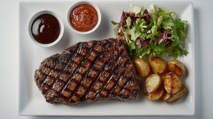 Wall Mural - Grilled Steak with Sauce and Fresh Salad on White Plate