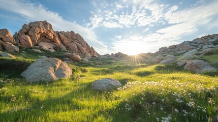 Poster - Sunset Over Rocky Landscape with Lush Green Grass and Blooming Flowers in a Scenic Natural Setting