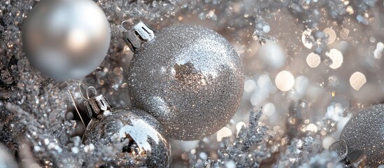 Poster - Elegant silver Christmas ornaments on sparkling tinsel background holiday decoration festive atmosphere modern design close-up aesthetics