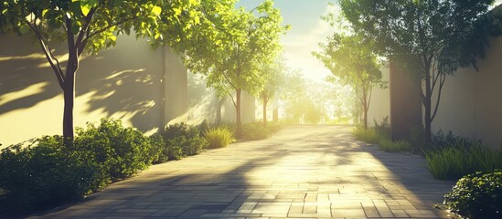 Poster - Tranquil sunlit pathway surrounded by lush greenery and soft shadows in a serene outdoor setting.