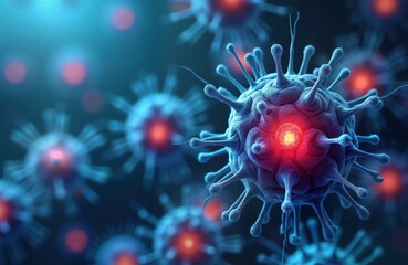 Fototapete - Microscopic view of cancer cells under microscope. Cells infected by cancer virus. Research in oncology, study of disease. Human cells show signs of disease. Medical study image. Cells damaged,