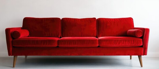 Poster - Vibrant red couch against a minimalist white wall showcasing modern interior design elegance and striking color contrast.