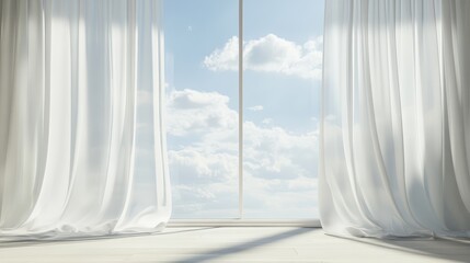 Poster - Bright airy room with white translucent curtains revealing a serene blue sky and fluffy clouds through a large window.
