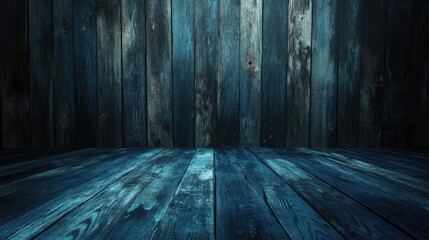 Poster - Dark vintage wooden plank background with blue hues for a rustic or artistic design element. Perfect for presentations and photography.