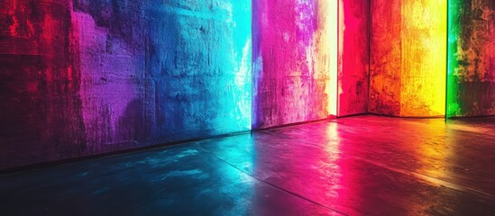 Poster - Colorful illuminated metallic surface with vibrant plastered paint showcasing artistic design in an indoor setting for creative backgrounds