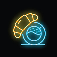 Poster - glowing neon sign showing a fresh baked croissant and a cup of coffee on a dark background