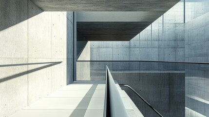Poster - Modern architectural perspective showcasing minimalist concrete design and natural light interplay in an urban setting.