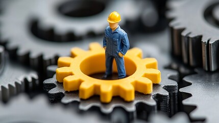 Poster - Industrial Concept Miniature Worker on Yellow Gear, Surrounded by Blue Cogs, Teamwork