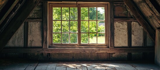 Poster - Nostalgic barn interior featuring a rustic wooden window frame with natural light illuminating a serene rural landscape outside.