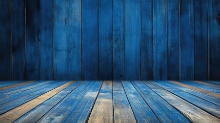 Poster - Blue wooden plank background with a vintage aesthetic suitable for various design projects and creative presentations.