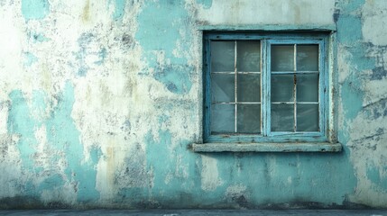 Poster - Charming vintage blue window on an aged white wall showcasing rustic texture and timeless appeal in architecture and design.