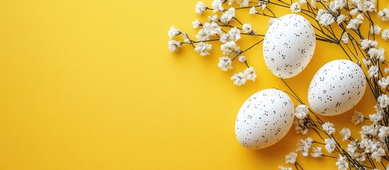 Aufkleber - Easter celebration concept featuring decorative white eggs and delicate flowers on a vibrant yellow background.
