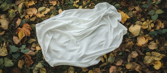 Leinwandbilder - Smooth white fabric draped on autumn leaves creating a serene aerial composition in nature showcasing contrast and texture.