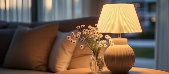 Poster - Cozy living space featuring a warm lamp and delicate chamomile flowers on a table near a comfortable sofa for a serene atmosphere