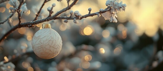 Poster - Decorative white ornament hanging on a snowy tree branch with shimmering bokeh background for winter holiday card design