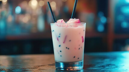 Aufkleber - Refreshing White Dragon Fruit Juice Served in a Glass with Ice and Straws on a Bar Counter with a Blurred Background