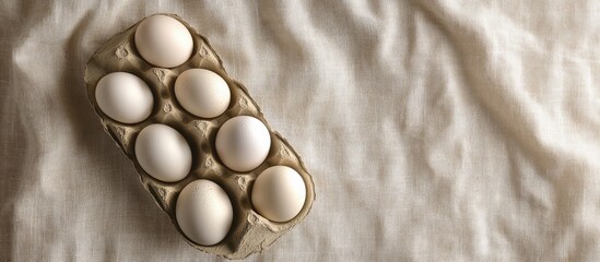 Poster - Ceramic carton holder with white chicken eggs on a textured linen background viewed from above with ample space for text or design elements