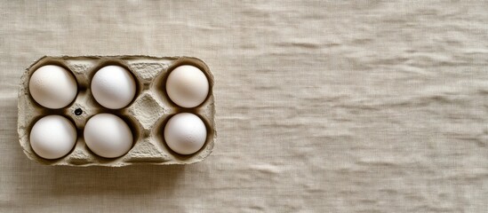 Poster - Fresh White Chicken Eggs in a Minimalist Ceramic Carton on Neutral Linen Surface with Space for Culinary or Nutritional Text