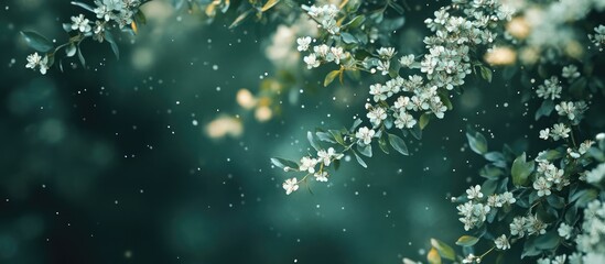 Poster - Glistening white blossoms on a flowering tree with soft green backdrop creating a serene and enchanting natural atmosphere