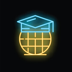 Poster - Neon icon of a graduation hat placed over a globe, symbolizing the concepts of online education, elearning, and global learning opportunities