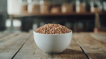 Poster - Wooden Table With A Bowl Of Light Brown Seeds Surrounded By A Cozy Kitchen Setting
