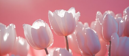 Leinwandbilder - Elegant white tulips with dew on petals against a soft pink background symbolizing spring renewal and beauty in floral arrangements