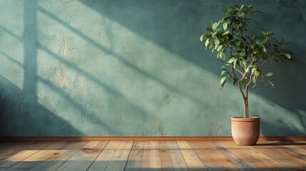 Poster - Empty Vintage Room with Wooden Flooring and Potted Plant Against Green Wall Illuminated by Soft Natural Light