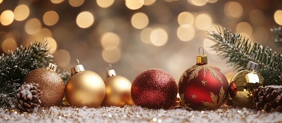Poster - Warm festive bokeh background with decorative Christmas ornaments and sparkling lights creating a cozy holiday atmosphere