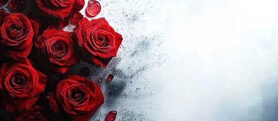 Aufkleber - Close up of dew-kissed red roses on a vintage white wooden backdrop with a bokeh effect and ample copy space for design use.