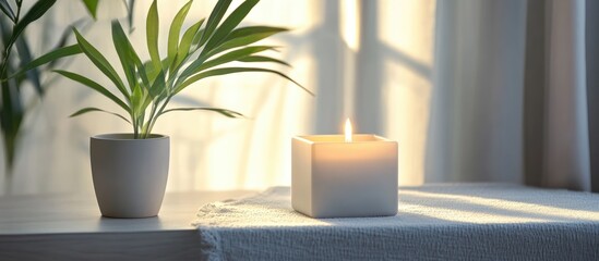Aufkleber - Candle and houseplant on soft gray background creating a tranquil cozy atmosphere ideal for home decor inspiration