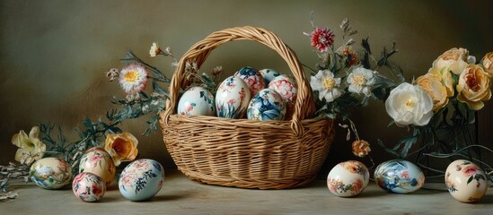 Fototapete - Colorful wax painted Easter eggs in a wicker basket with floral decorations creating a festive spring table setting for Easter celebrations