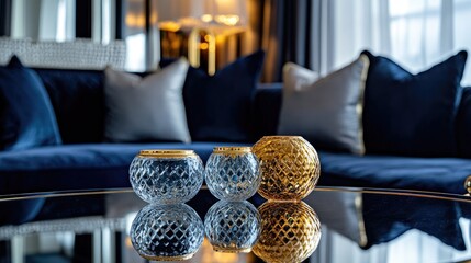 Poster - Elegant hotel living room with decorative pillows and stylish glass candle holders on a reflective coffee table interior design concept.