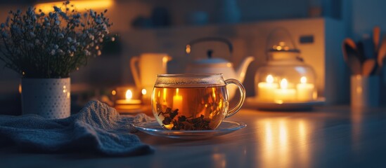 Aufkleber - Autumn herbal tea in a glass cup with candles and teapot in a cozy modern kitchen ambiance during evening setting