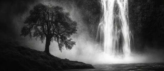 Poster - Mysterious Black and White Waterfall with Silhouetted Tree in Foggy Landscape