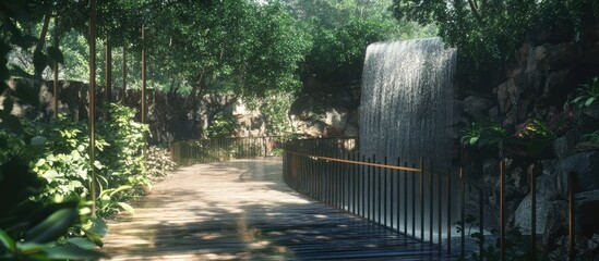 Poster - Lush walkway surrounded by greenery leading to a serene waterfall in a tranquil natural setting ideal for relaxation and nature lovers