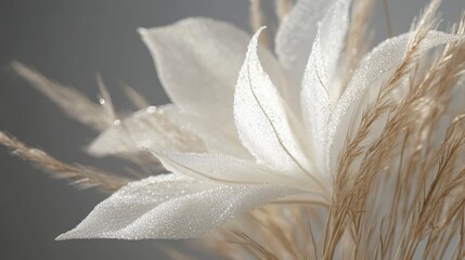 Poster - Delicate white flower and dried grass arrangement with dew drops in soft focus background