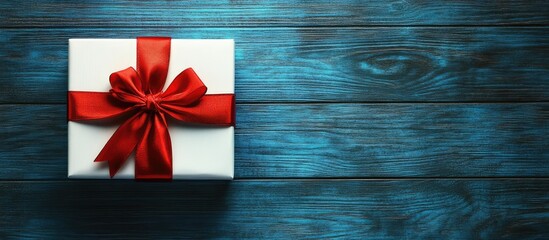Poster - Elegant white gift box with red ribbon on blue wooden table overhead view for holiday celebrations and design space for text.