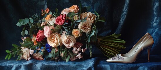 Aufkleber - Bridal Bouquet with Elegant Footwear Styled in Romantic Still Life Composition
