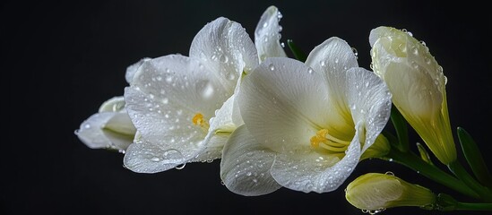 Poster - White freesia flowers and buds covered in dew drops close up against a dark background capturing natural beauty and elegance in detail