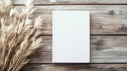 Aufkleber - Minimalist white book mockup with pampas grass arrangement on rustic wooden table surface for elegant presentation or branding purposes