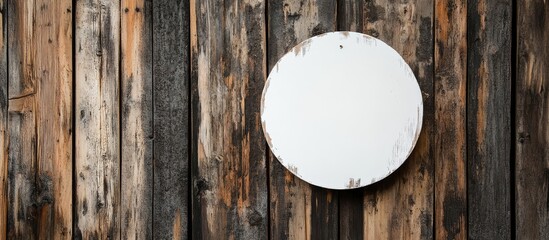 Fototapete - Rustic wooden wall with a blank white circular label designed for labeling or decorative purposes in interior design and organization projects
